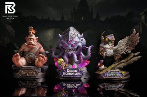 "Q-version Gryphon, Beholder, Ogre Babies original statues by BRS Black Rock Studio. Intricate textures, dynamic poses, and detailed sculpting."