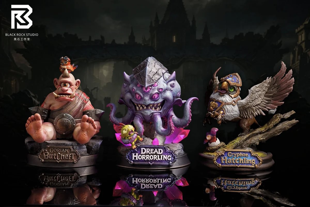"Q-version Gryphon, Beholder, Ogre Babies original statues by BRS Black Rock Studio. Intricate textures, dynamic poses, and detailed sculpting."