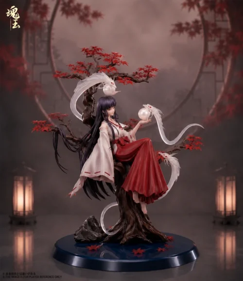"Detailed 1/7 Inuyasha Kikyo figure, highlighting her ethereal pose, intricate spiritual tree base, and sculpted dead souls. Exquisite details."
