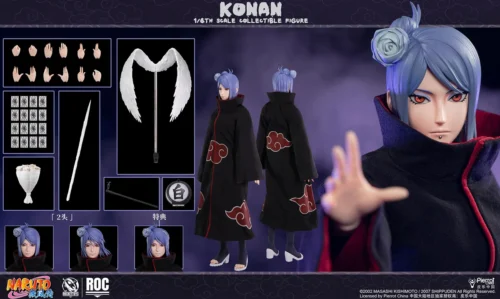 "Officially licensed premium Konan action figure, highly articulated, dynamic in Akatsuki attire with intricate paper manipulation."
