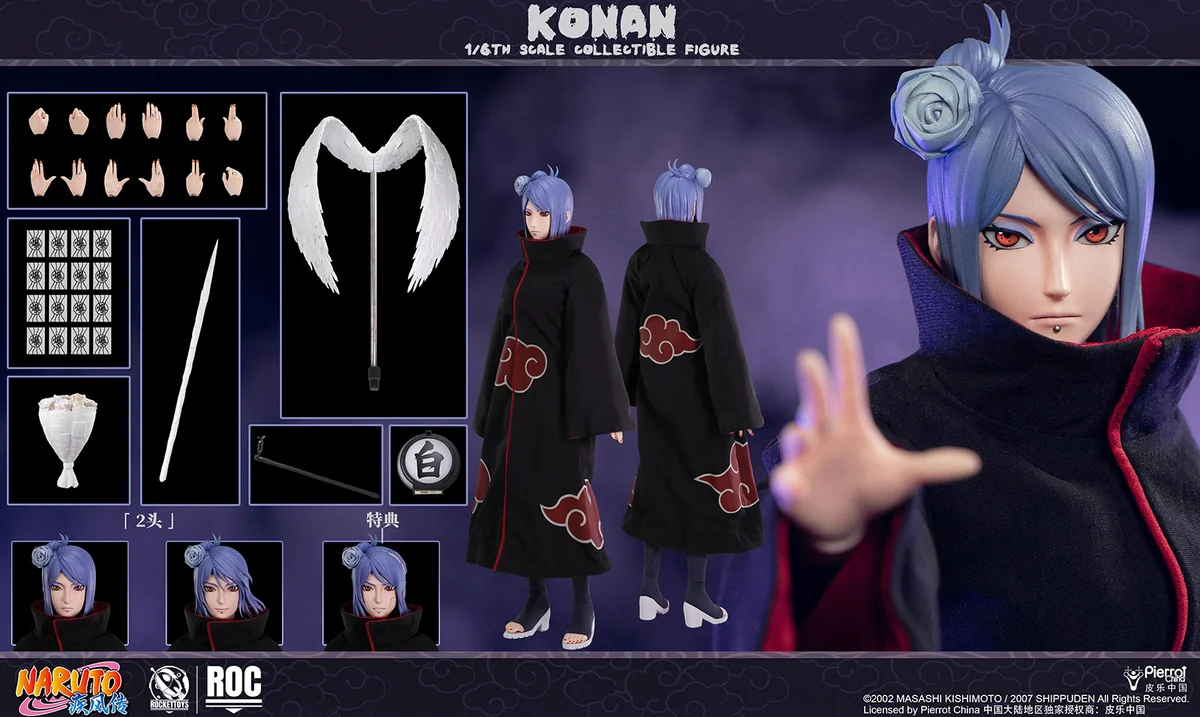 "Officially licensed premium Konan action figure, highly articulated, dynamic in Akatsuki attire with intricate paper manipulation."