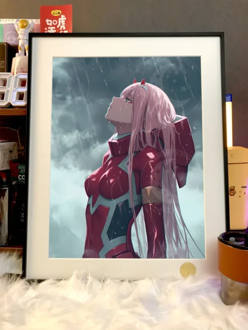 "Numbered, limited Rainy Zero Two art print. Intricate details of her serene pose in a starry, rainy night from DARLING in the FRANXX by Xingkong."