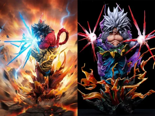 "Dynamic Dragon Ball Z Goku Super Saiyan 4 & 5 resin statue, showcasing stunning LED light-up effects and iconic power in an action pose."