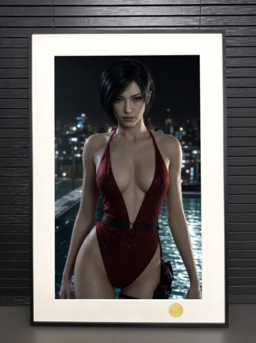 "Premium framed Swimsuit Ada Wong decorative painting from Resident Evil 4 by H-Two Studio, highlighting the exclusive limited edition digital art's."