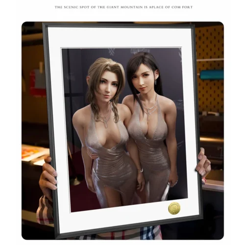 "Limited edition Final Fantasy VII art print. Glamorous Tifa and Aerith red carpet starlets. View artistic and sculptural details."