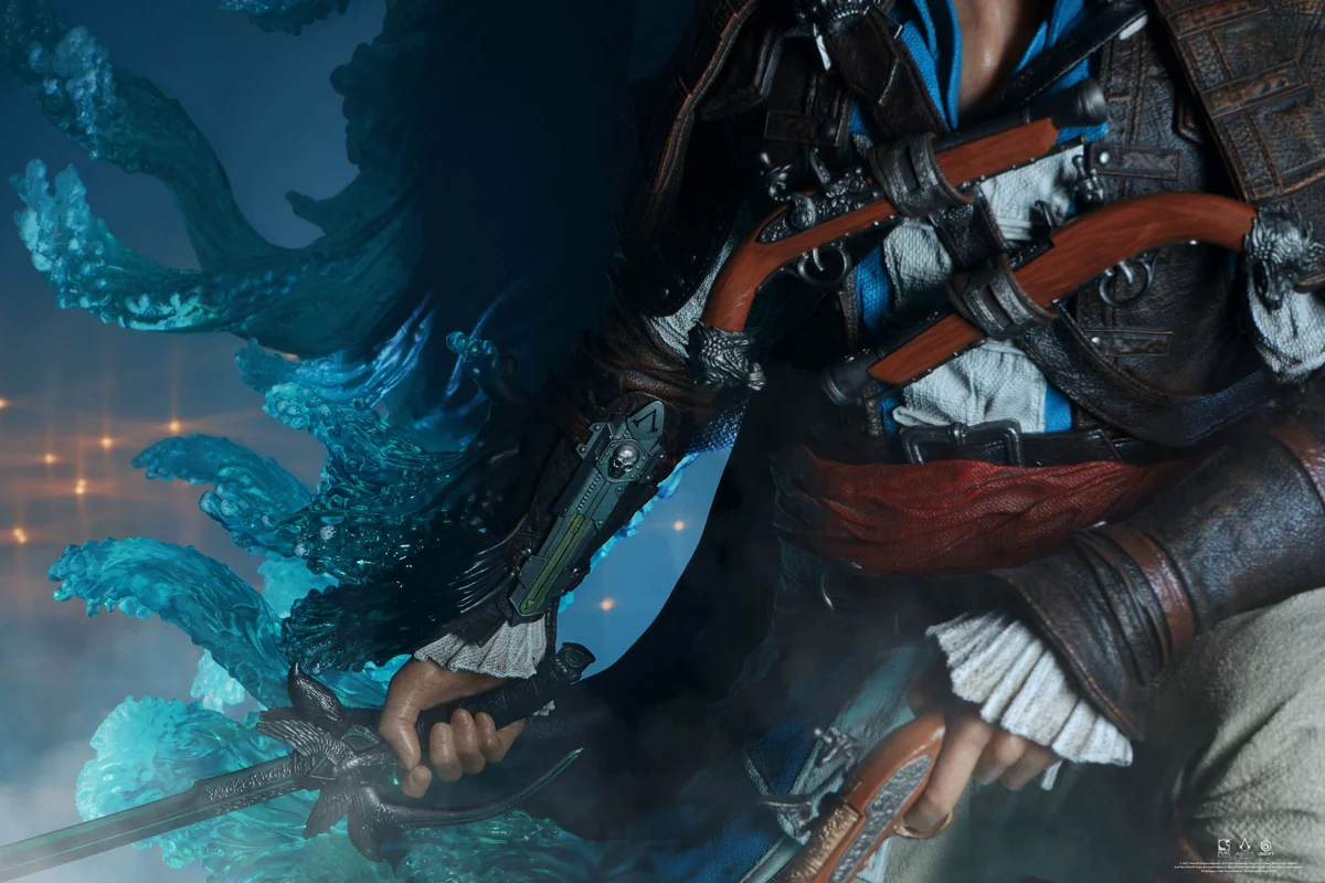 "Detailed 1/4 scale official Edward Kenway light-up statue from Assassin's Creed, showcasing his dynamic pose, intricate costume, and mystical Animus."
