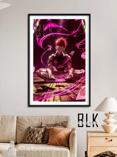 "Hisoka Morow Flying Card decorative painting showcasing premium quality. Vibrant Hunter x Hunter wall art with dynamic action, artistic depth."