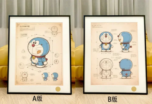 "Doraemon blueprint design decorative painting, a limited edition hand-numbered collectible art print showcasing the iconic character against a cosmic."