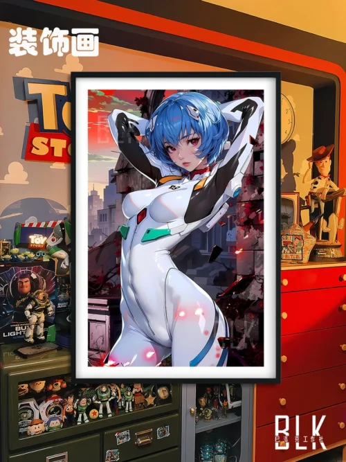 "Stunning Baroque Battlefield Rei Ayanami decorative painting from Neon Genesis Evangelion, featuring dramatic artistry and a premium framed finish."
