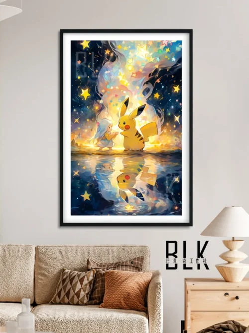"Elegant Baroque Star Pikachu decorative painting showcasing ornate details, luxurious framing, and celestial elements from various angles."