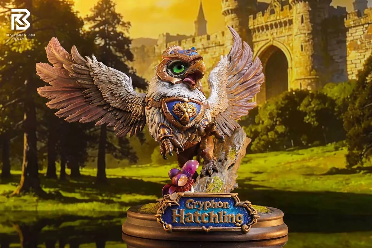 "BRS Black Rock Studio's exclusive Q-version Gryphon Beholder Ogre Babies original statues. Gallery shows intricate sculpting, dynamic poses, and text."