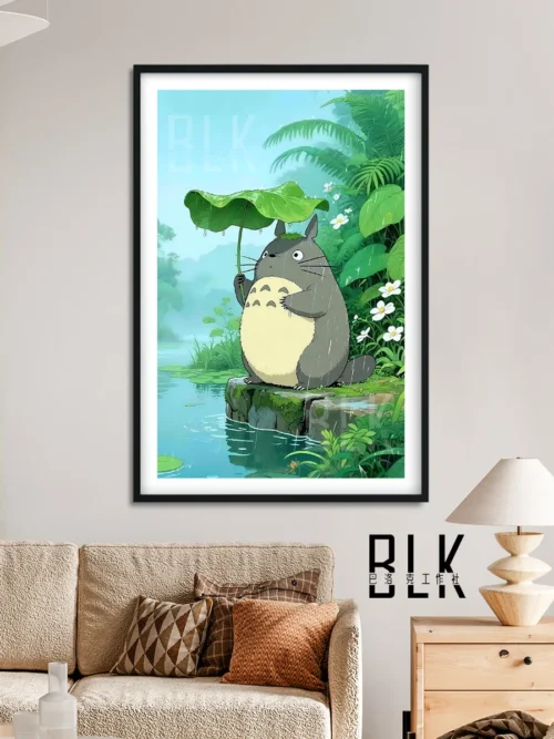 "Pond Totoro Decorative Painting by Baloke Studio. Premium Ghibli-inspired art of Totoro in a peaceful pond. Serene, enchanting decor. See details."