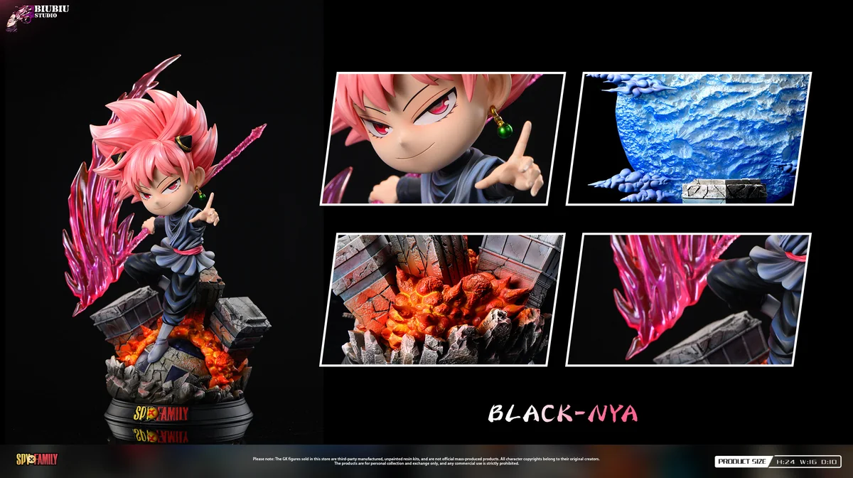 "Dynamic 1/6 Anya Forger Super Saiyan Rose resin statue, showcasing LED aura and playful Spy x Family Dragon Ball crossover details."