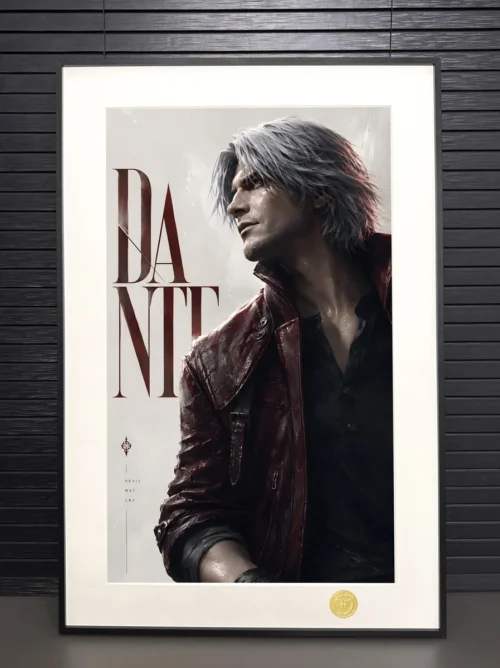 { "alt_text": "Gallery views of the premium framed, limited edition Devil May Cry Dante print by H-TWO Studio. Features dynamic artwork."