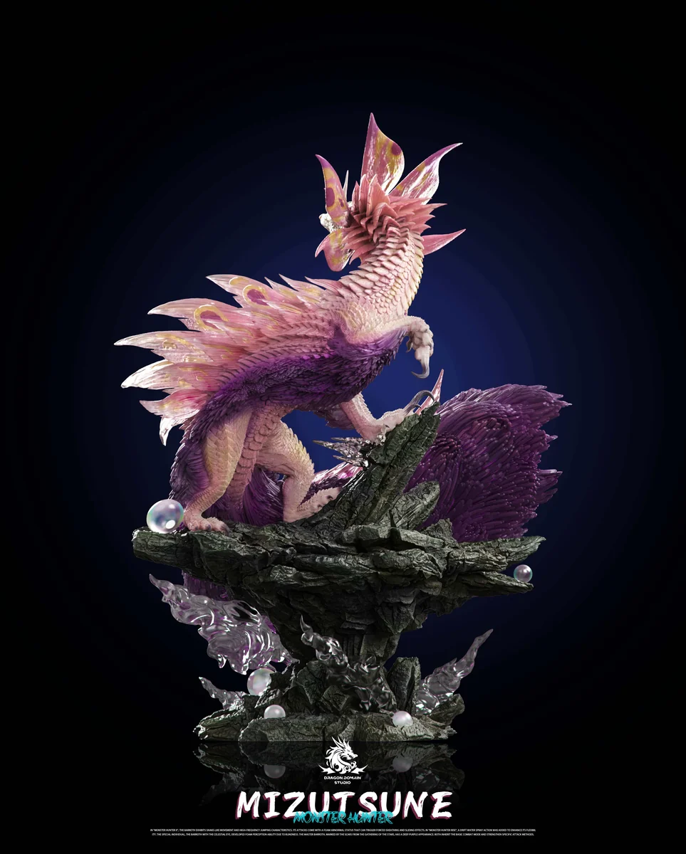 "High-detail Monster Hunter Mizutsune resin statue. Dynamic angles highlight its vibrant bubble fox wyvern design and premium limited craftsmanship."
