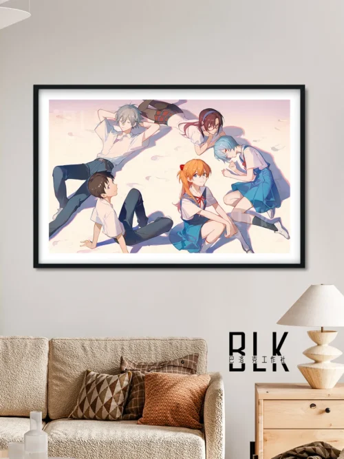 "Detailed view of the premium Baroque Evangelion Chibi Five decorative painting, highighting the vibrant, stylized Evangelion characters."