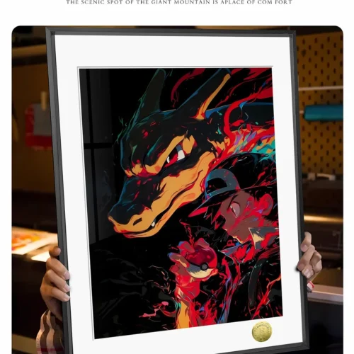 "Close-up of the dynamic Ash & Charizard Pokémon art print by Huang Gua Studio, highlighting vibrant colors and intricate details of this limited."