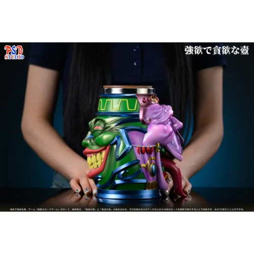 "Iconic Yu-Gi-Oh! Pot of Greed mug, intricately sculpted with a hand-painted, distressed ancient artifact design at a unique angle."