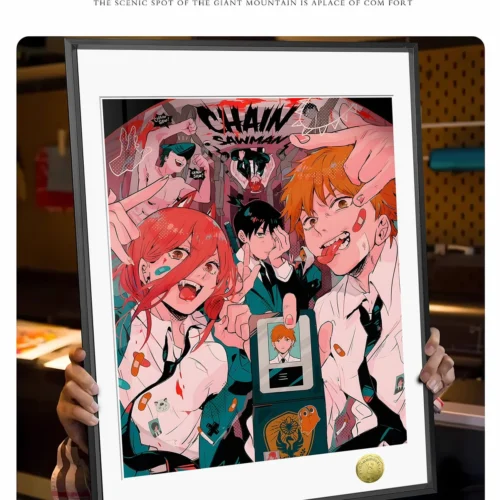"Limited edition A3/4K Chainsaw Man art print from Huang Gua Studio, dynamically framed, showcasing vibrant character details from various angles."
