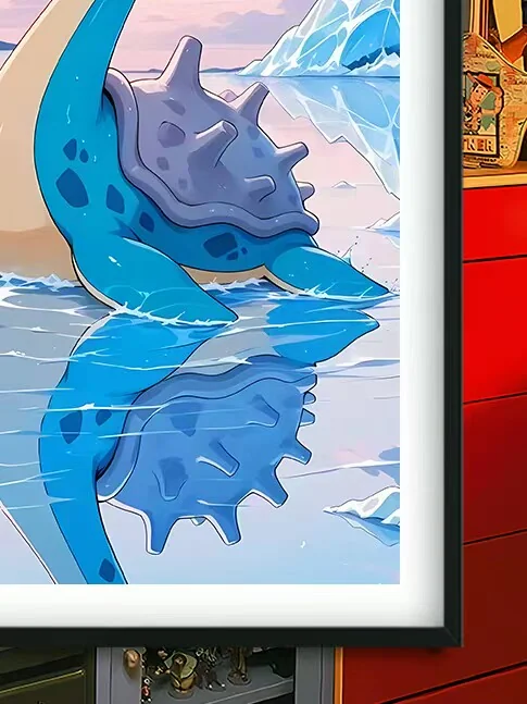 "Baroque Glacial Lapras painting with ornate grandeur. Detailed views show serene Lapras and artistic textures from various angles."