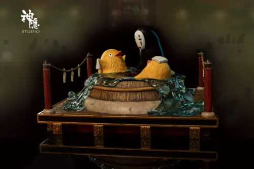 "Serene No-Face and Radish Spirit bathe peacefully in this iconic Spirited Away bathhouse diorama resin figure."