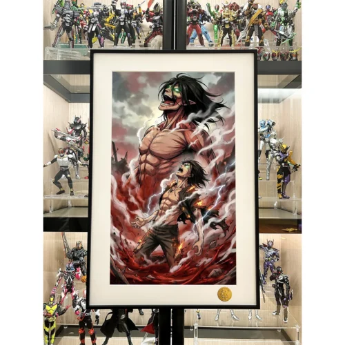 "Limited edition Eren Yeager Attack Titan decorative painting, revealing intricate artwork, elegant frame, and sculpted details from a unique angle."