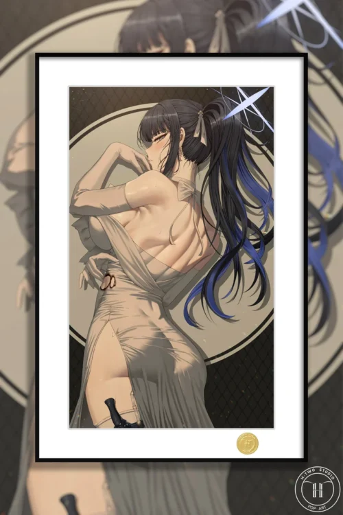 "Limited Edition Premium Blue Archive art print featuring an elegant Saori Jōmae in a stunning dress, beautifully framed."