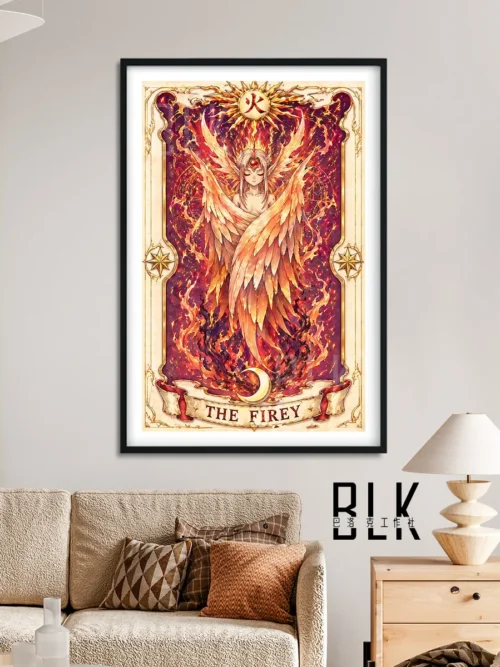 "Close-up views of the exquisite Baroque 'Firey' Clow Card decorative painting from Cardcaptor Sakura, showcasing its ornate frame details and vibrant."