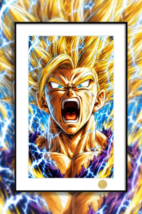 "Dynamic Super Saiyan Gohan in a premium framed decorative painting. This limited edition Dragon Ball art elevates any space with sleek modern design."