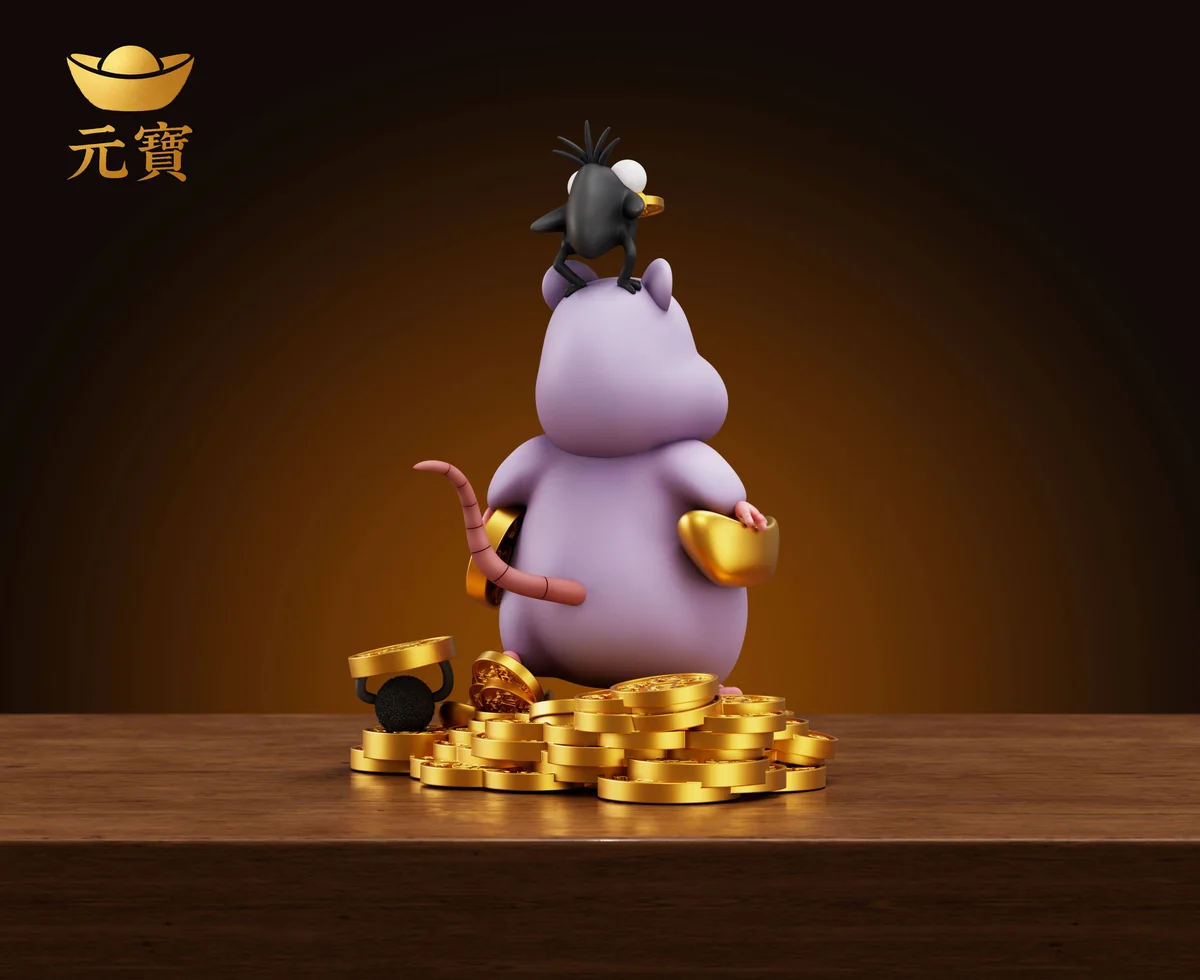 "Auspicious Treasure Rat Baby resin statue gallery. Charming, chubby smiling rat with golden yuanbao. Premium details from all angles."