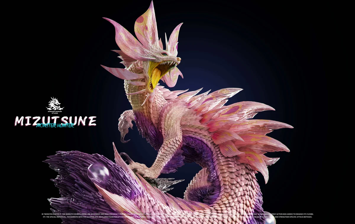"Mizutsune Monster Hunter resin statue gallery. Limited edition, high-detail figure by Dragon Realm Studio, with dynamic bubble fox wyvern sculpting."