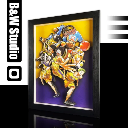 "Playful One Piece Lakers 3D crossover painting. Dynamic angle shows Straw Hat Pirates in Lakers gear and layered wall art details."