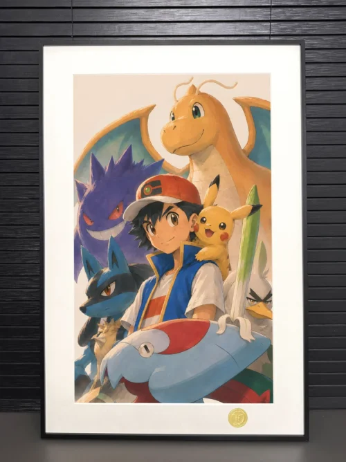 "Limited Edition Ash's Championship Team Art Print by H-TWO Studio. See vibrant, dynamic Pokémon artwork from multiple angles."