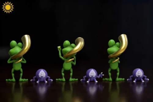 "Exquisitely detailed Digimon Gekomon and Otamamon statue, showcasing a charming angle that highlights their unique forms, playful expressions."