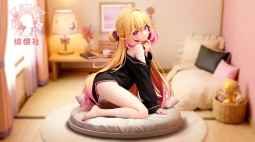 "Exquisite 1/6 Luluka anime figure resin statue. Charming magical girl enjoying a whimsical pajama party on a giant donut, a unique collectible."