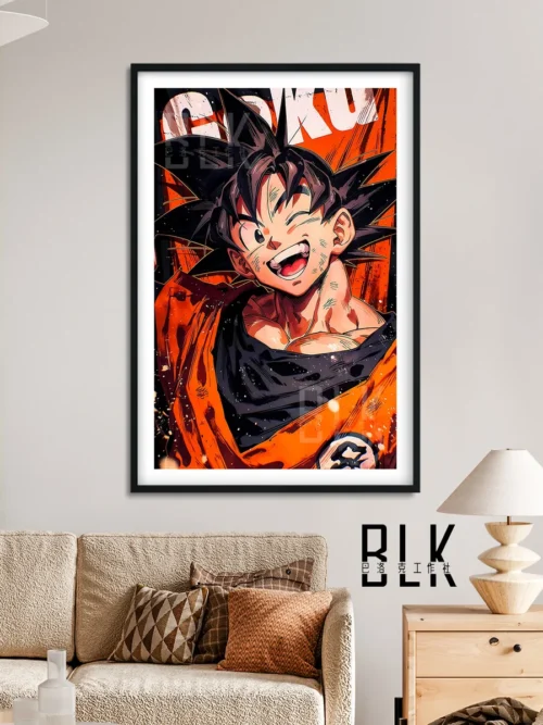 "Unique Winking Goku Baroque Dragon Ball painting gallery. Shows playful design, luxurious frame, vibrant colors, and intricate details from all angle."