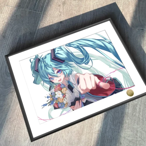 "Limited edition, hand-numbered Hatsune Miku painting gallery. Showcases ethereal beauty, soft romantic aesthetic, and elegant design."