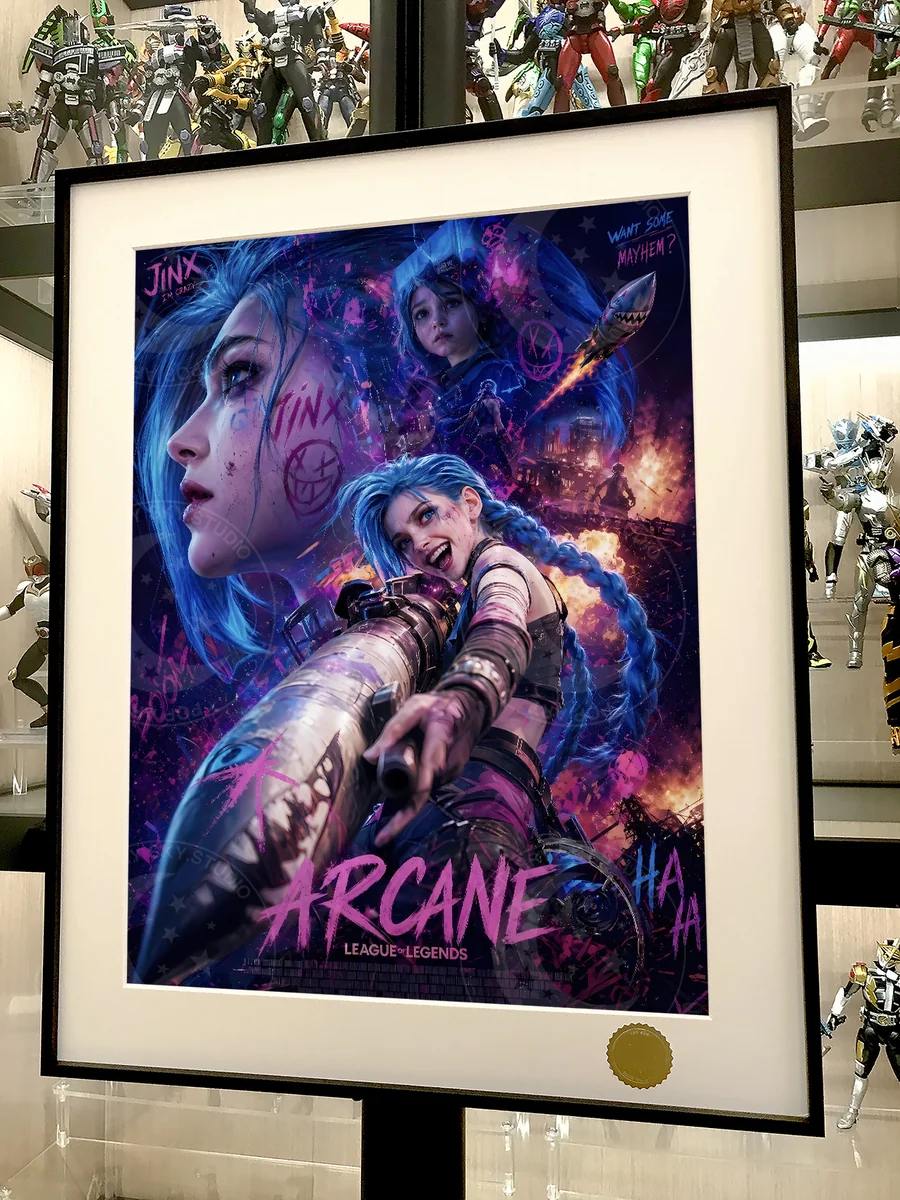 "Exclusive, hand-numbered Jinx Cosmic Starry Night art print from League of Legends: Arcane, showing its vibrant cosmic details and premium artistic."