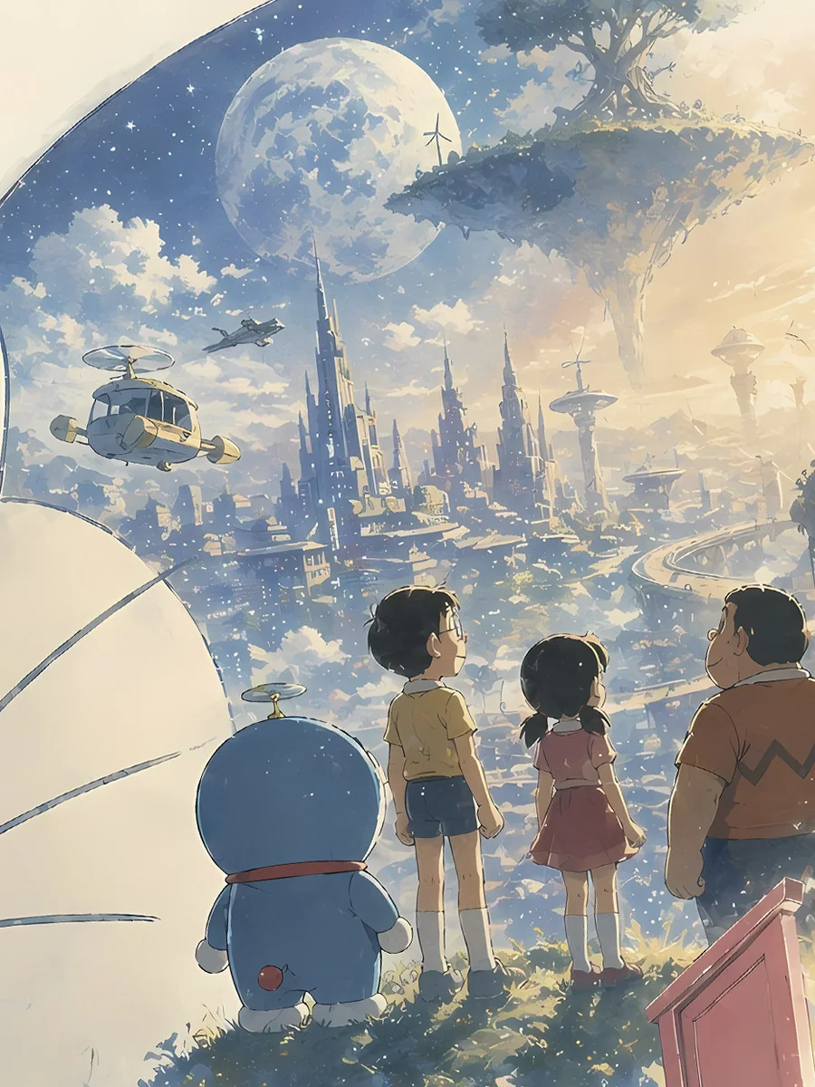 "Limited Edition Premium Doraemon Art. Detailed views show characters in a vibrant, starry futuristic landscape, highlighting artistic details."