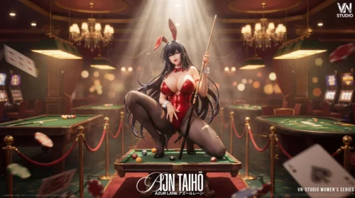 "Exquisite Azur Lane Taihou Bunny Girl 1/6 scale resin statue, alluringly posed with a miniature pool table, highlighting premium detail."
