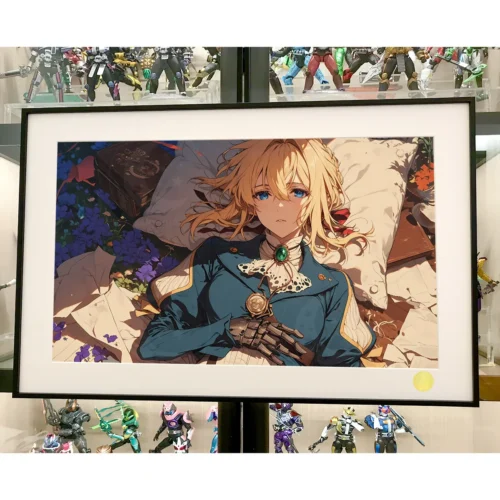"Premium Lying Violet Evergarden print, highlighting serene form and star-filled ethereal landscape. Limited edition, hand-numbered collectible."