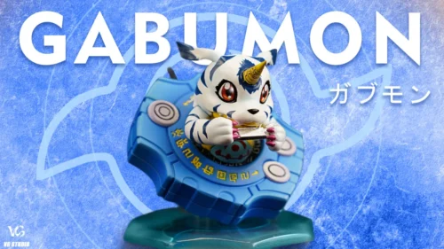 "Adorable chibi Gabumon Digivice statue from Digimon Adventure, showing multiple angles and intricate details of this limited edition VG Studio figure."