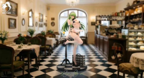 "Exquisite 1/6 scale Maid CC figure from Code Geass by Jimei Studio, showcasing her in an elegant maid outfit with intricate details and a dynamic pose."