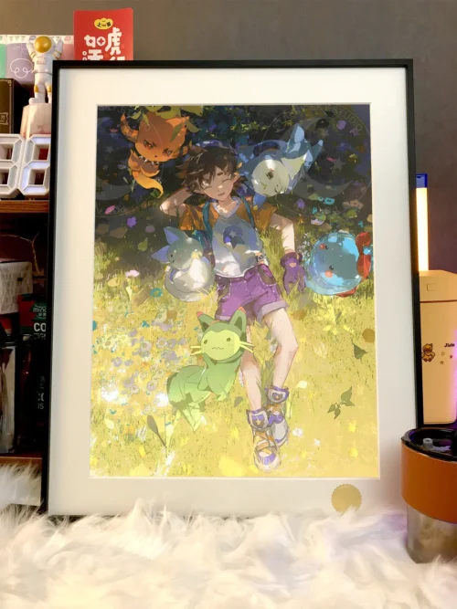 "Locus Kingdom Starter Trio Starry Sky decorative painting details: vibrant anime characters in cosmic fantasy, a limited edition, hand-numbered."