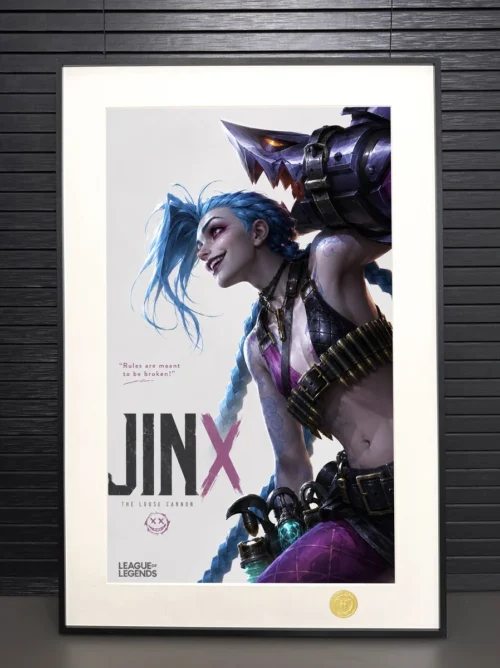"Limited Edition Jinx Art Print from H-TWO Studio, League of Legends: Arcane. Dynamic artwork and sleek frame details are shown from various angles."
