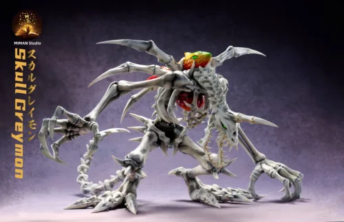 "Premium MIMAN Studio SkullGreymon Digimon resin statue. Intense cybernetic skeletal design with glowing LED eyes, a limited edition collectible figure."