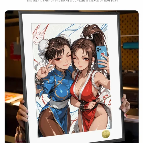"Limited edition Chun-Li Mai Shiranui art print, a hand-numbered decorative painting with a dynamic fan-art selfie pose showcasing vibrant details."