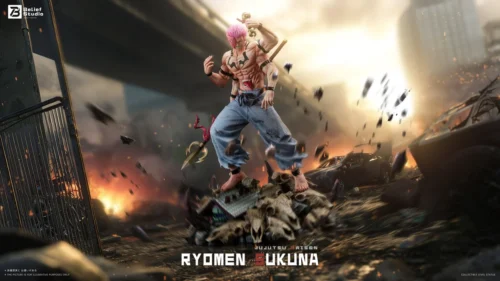 "Ultra-limited Ryomen Sukuna Four-Armed Jujutsu Kaisen statue, dynamically posed with premium materials, showcasing intricate demonic power."
