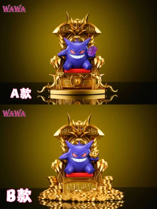 "Playful Gengar figure on a majestic throne, embodying fortune and spectral charm. This regal Pokémon statue from WAWA Studio comes in multiple scales."