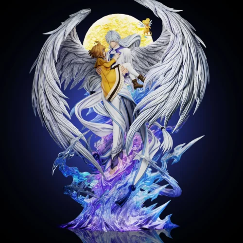"Detailed view of the Cardcaptor Sakura & Yue LED statue, revealing exquisite sculpting of their ethereal celestial embrace and magical LED lights."